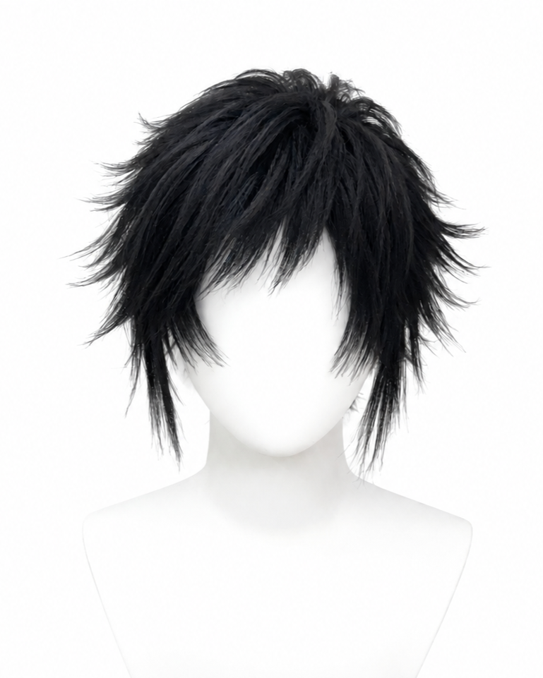 Black, layered, spiky wig on a featureless white mannequin.
