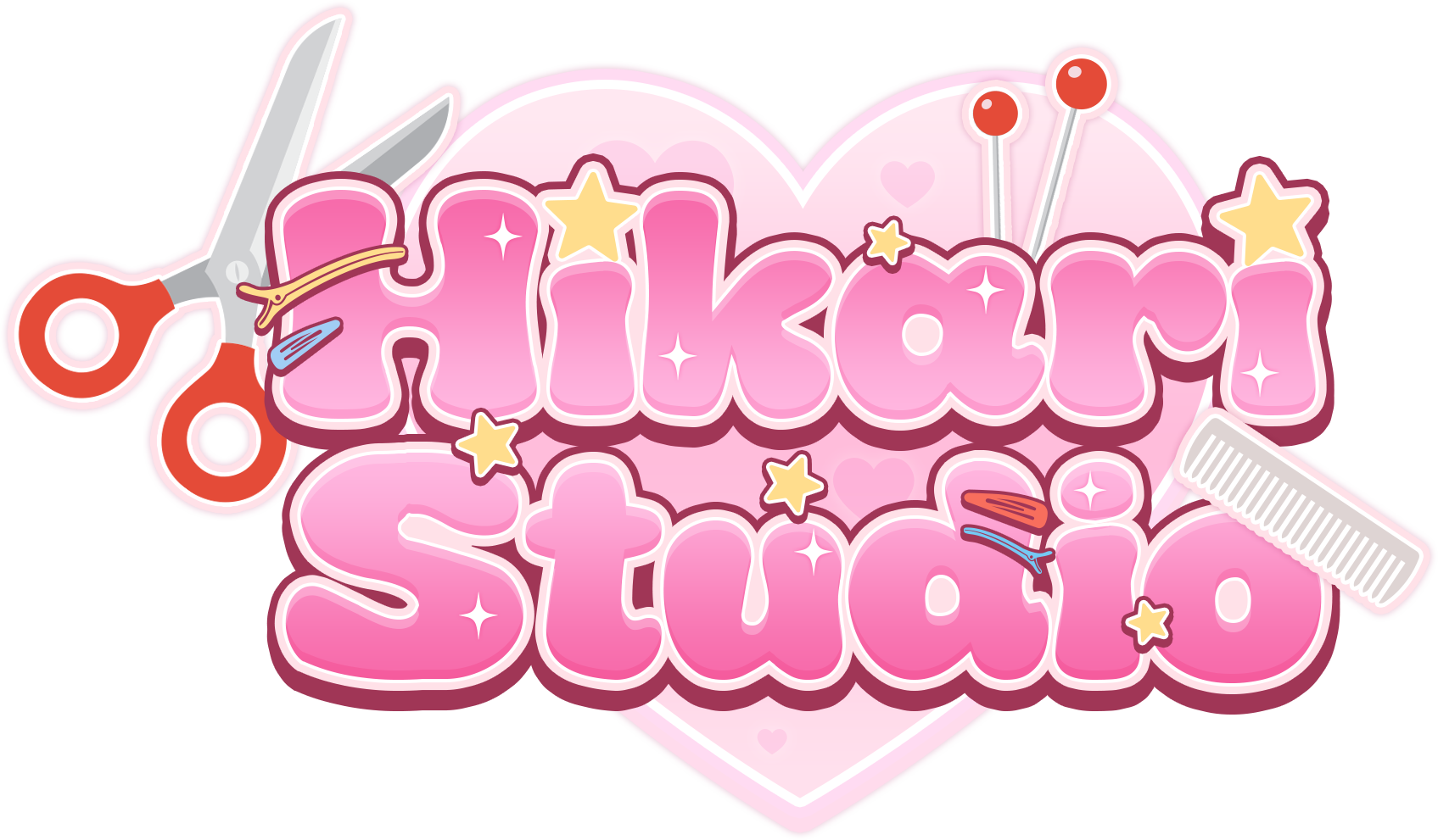 Pink background with the words 'Hikari Star' in large bubble letters, surrounded by scissors, a comb, hair clips, star and heart decorations.