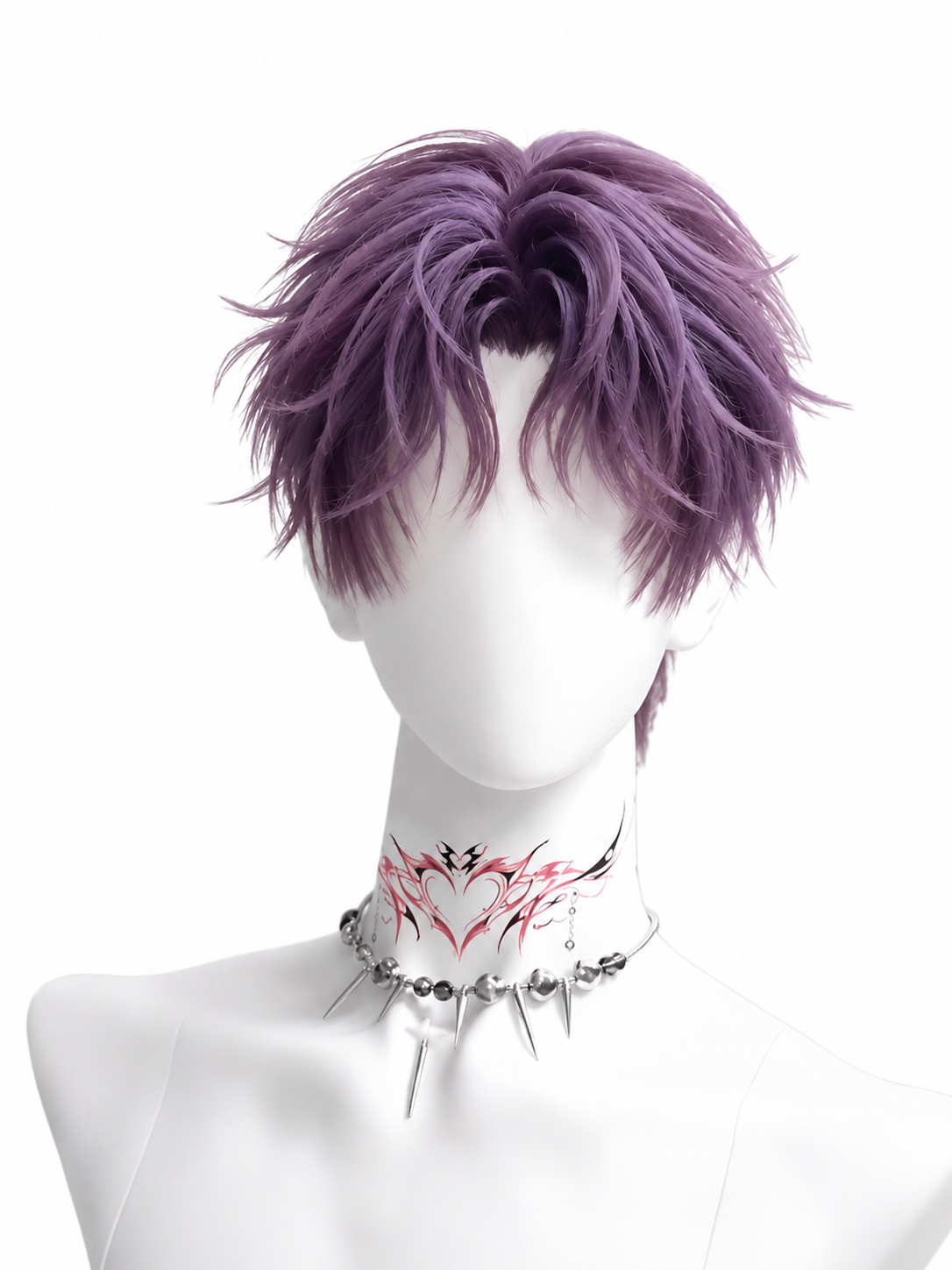 A mannequin with purple spiky hair, a heart and flame tattoo on the neck, and a spiked necklace, against a plain white background.