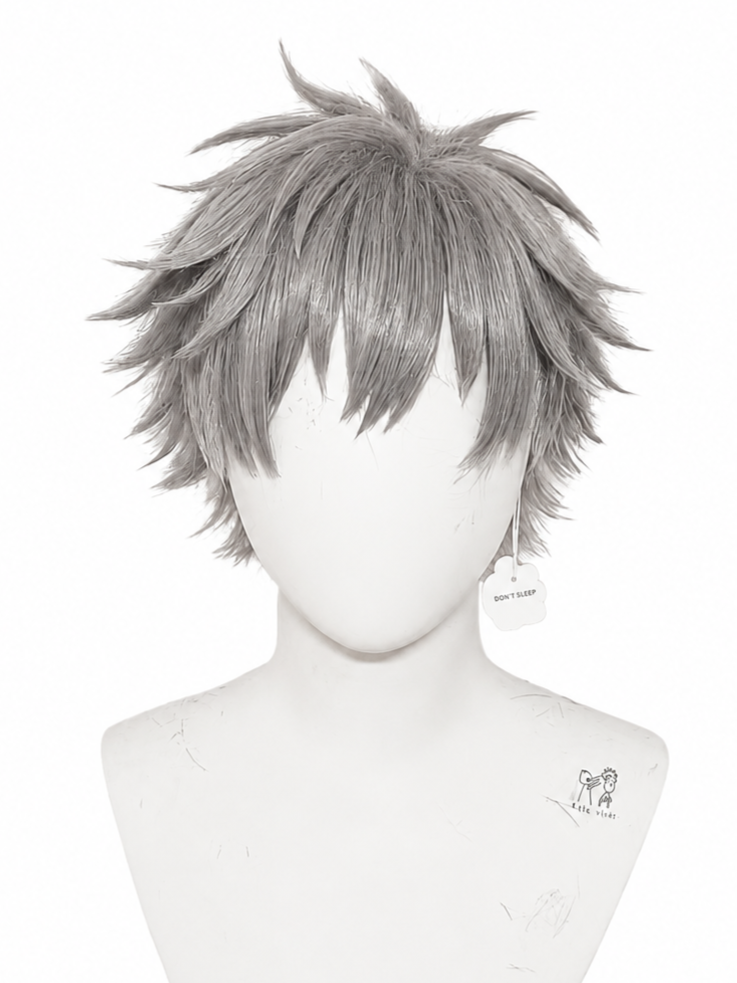 Gray spiky wig on a headless mannequin with a 'Don't Sleep' tag and a small tattoo of a dog on the shoulder.