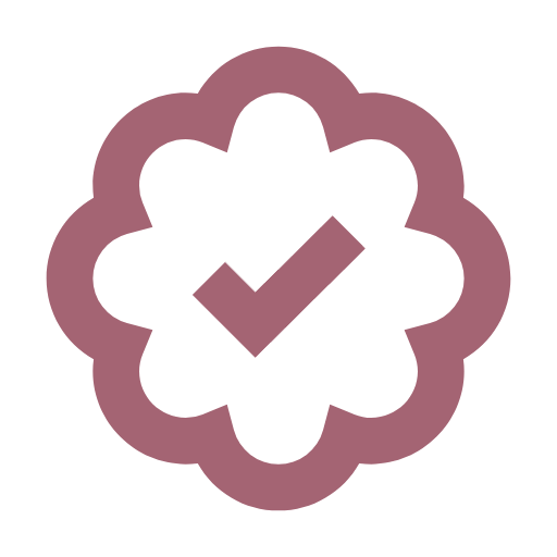 A purple flower-shaped badge with a checkmark in the center