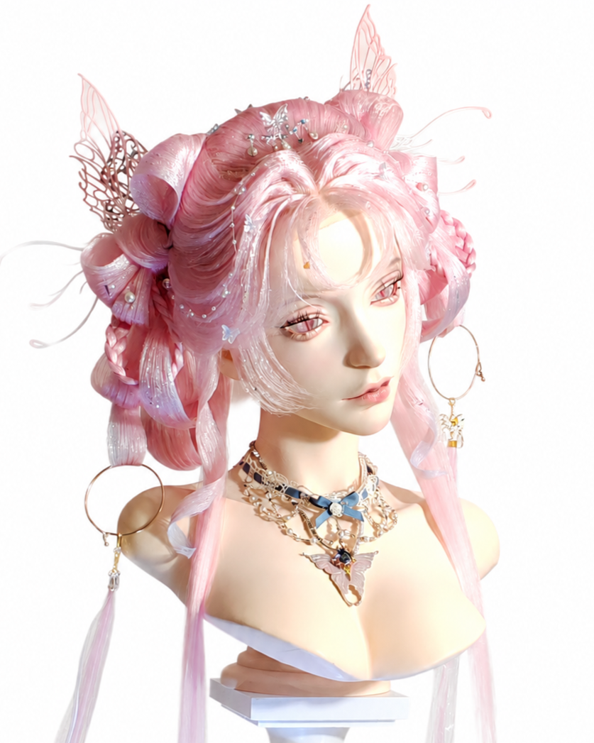 A fantasy-inspired female mannequin with pink, styled hair adorned with delicate butterfly and floral accessories, wearing jewelry including large hoop earrings, layered necklaces, and a butterfly pendant, against a plain white background.