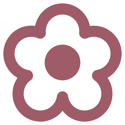 A stylized flower with five rounded petals and a central circle, in a muted mauve color.