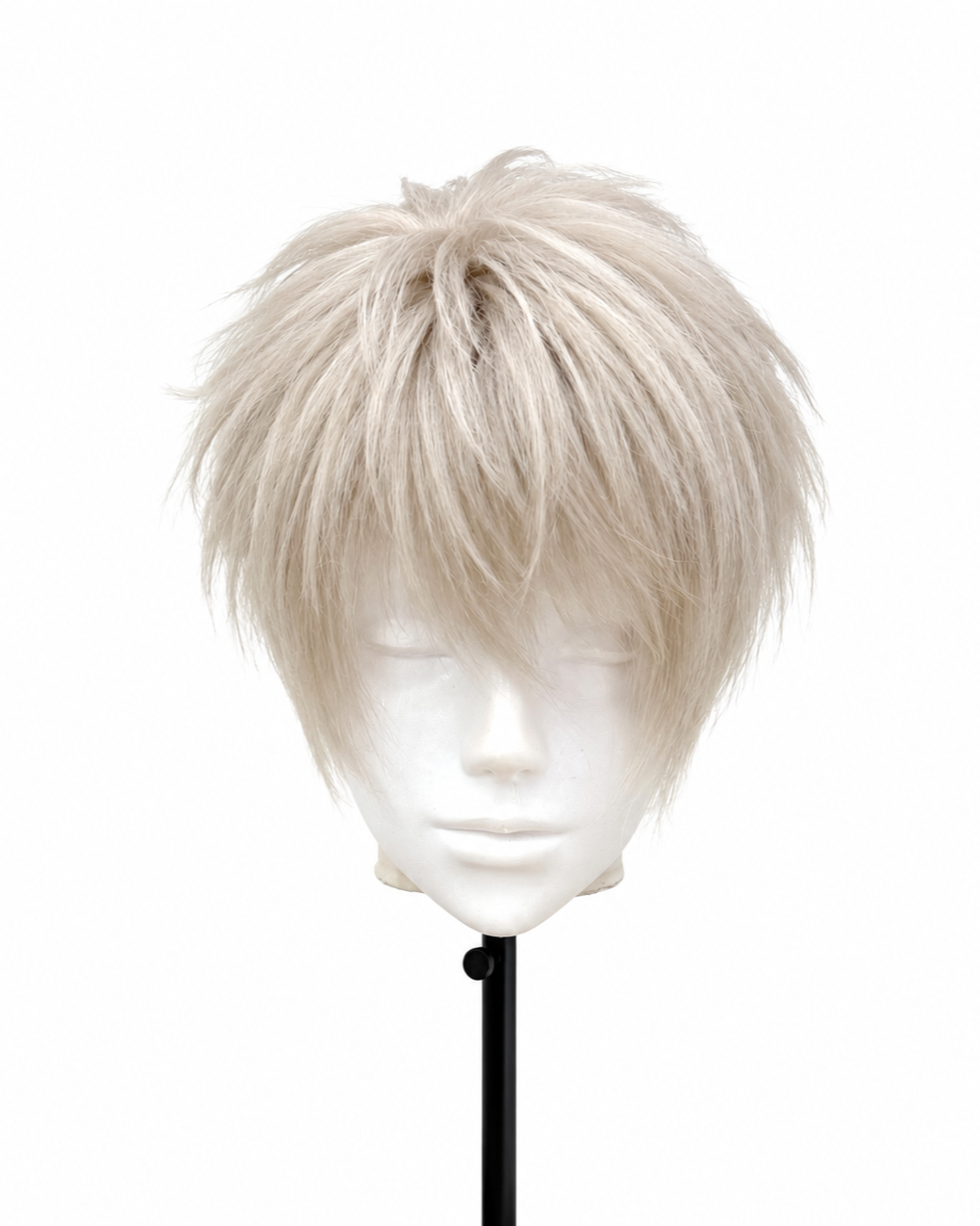 Blonde, layered, shaggy men's wig on a mannequin head.