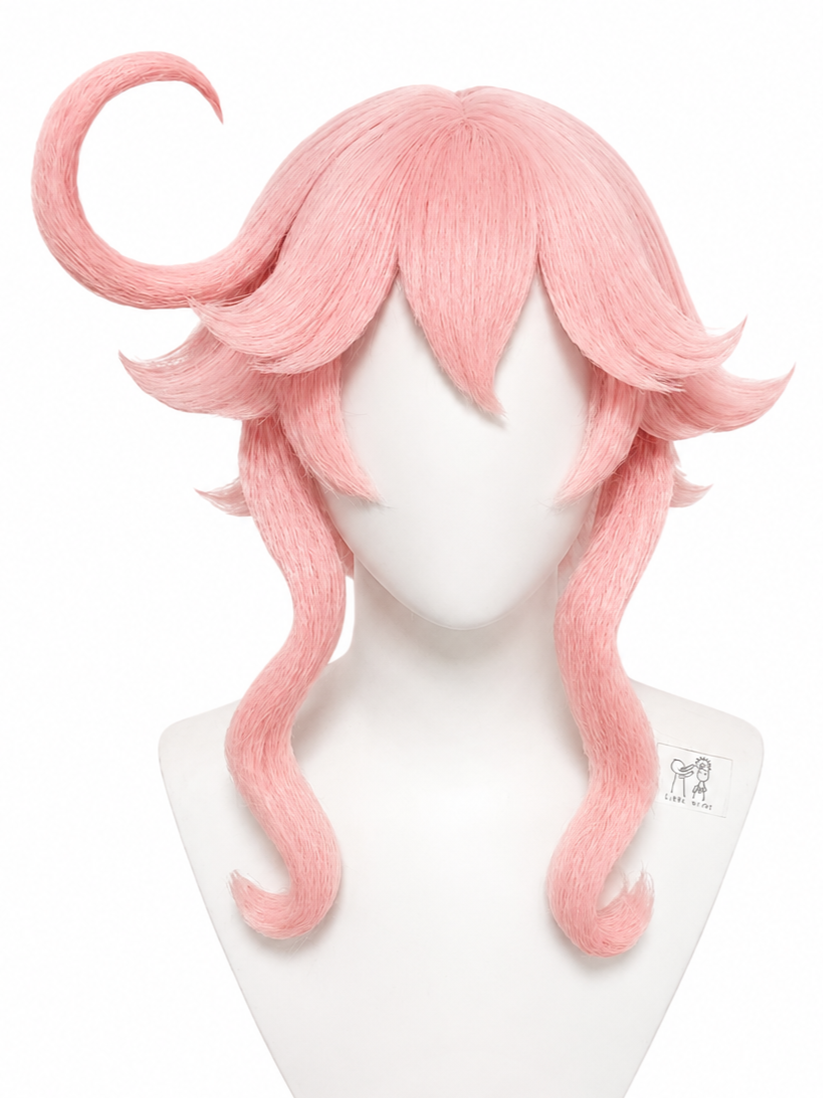 Pink wig with long wavy hair, styled with a large curl on one side, displayed on a white mannequin head.