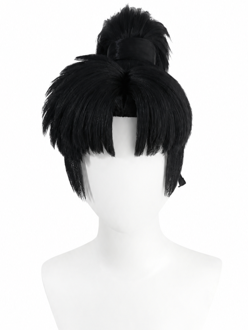 Black layered short wig displayed on a mannequin head against a white background.