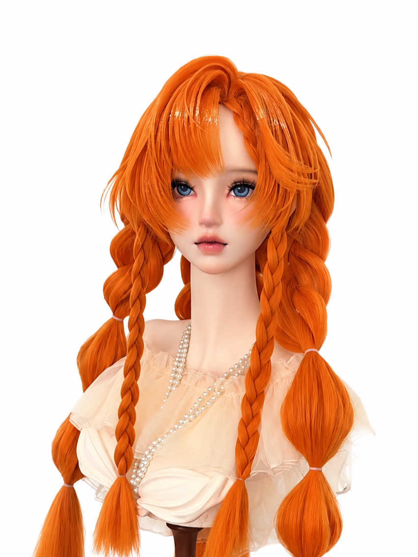 A mannequin head with long, bright orange braided hair, wearing a light-colored top with ruffles and a pearl necklace, against a white background.