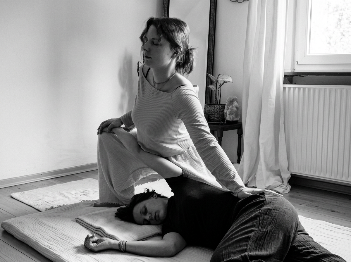 Zwei Frauen machen Yoga oder eine Dehnübung im Wohnzimmer, eine liegt auf einer Matte, die andere unterstützt sie. Es ist ein schwarzes und weißes Bild.