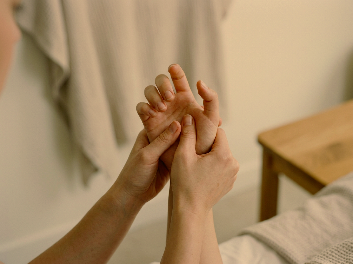 Eine Person hält die Hand einer anderen Person, die vermutlich eine Handtherapie oder -rehabilitation durchführt.