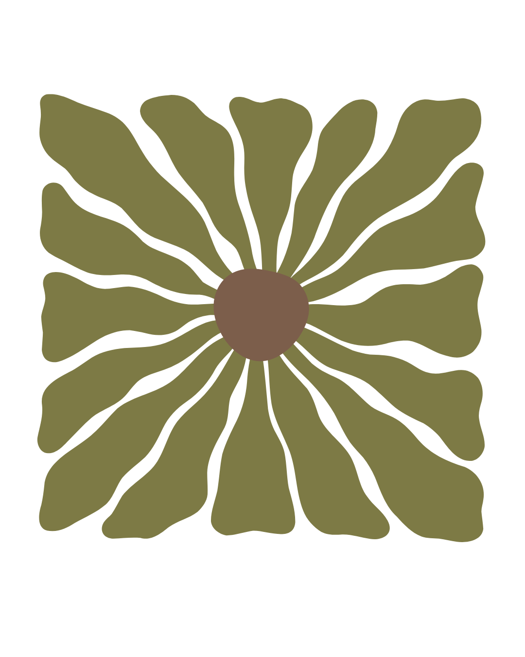 Illustration einer stilisierten Blume mit grünen Blättern und braunem Zentrum
