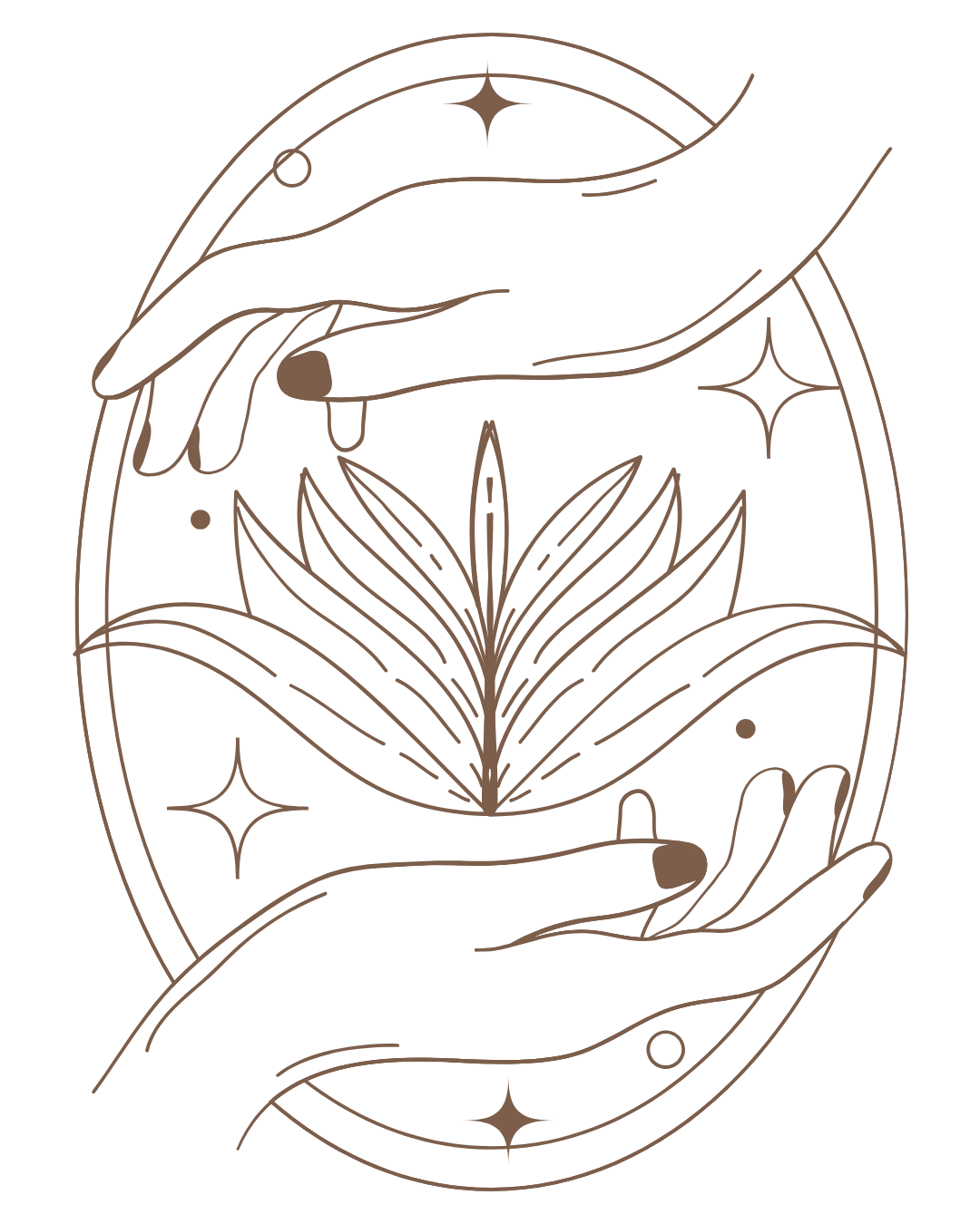 Eine stilisierte Illustration von zwei Händen, die eine offene Blume mit mehreren Blättern halten, umgeben von Sternen und Kreisen, auf schwarzem Hintergrund.