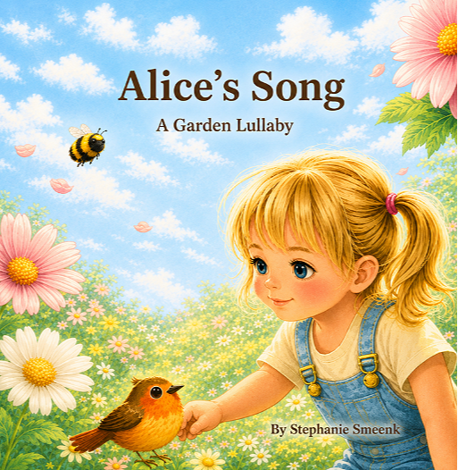 Cover of Alice's Song: A Garden Lullaby, a gentle children's picture book featuring a young girl in a blooming garden reaching toward a small bird.