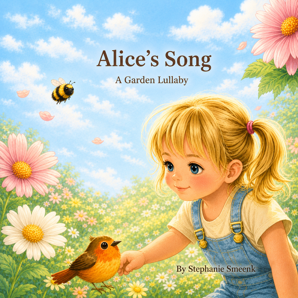 Cover of Alice's Song: A Garden Lullaby, a gentle children's picture book featuring a young girl greeting a small bird in a blooming garden.