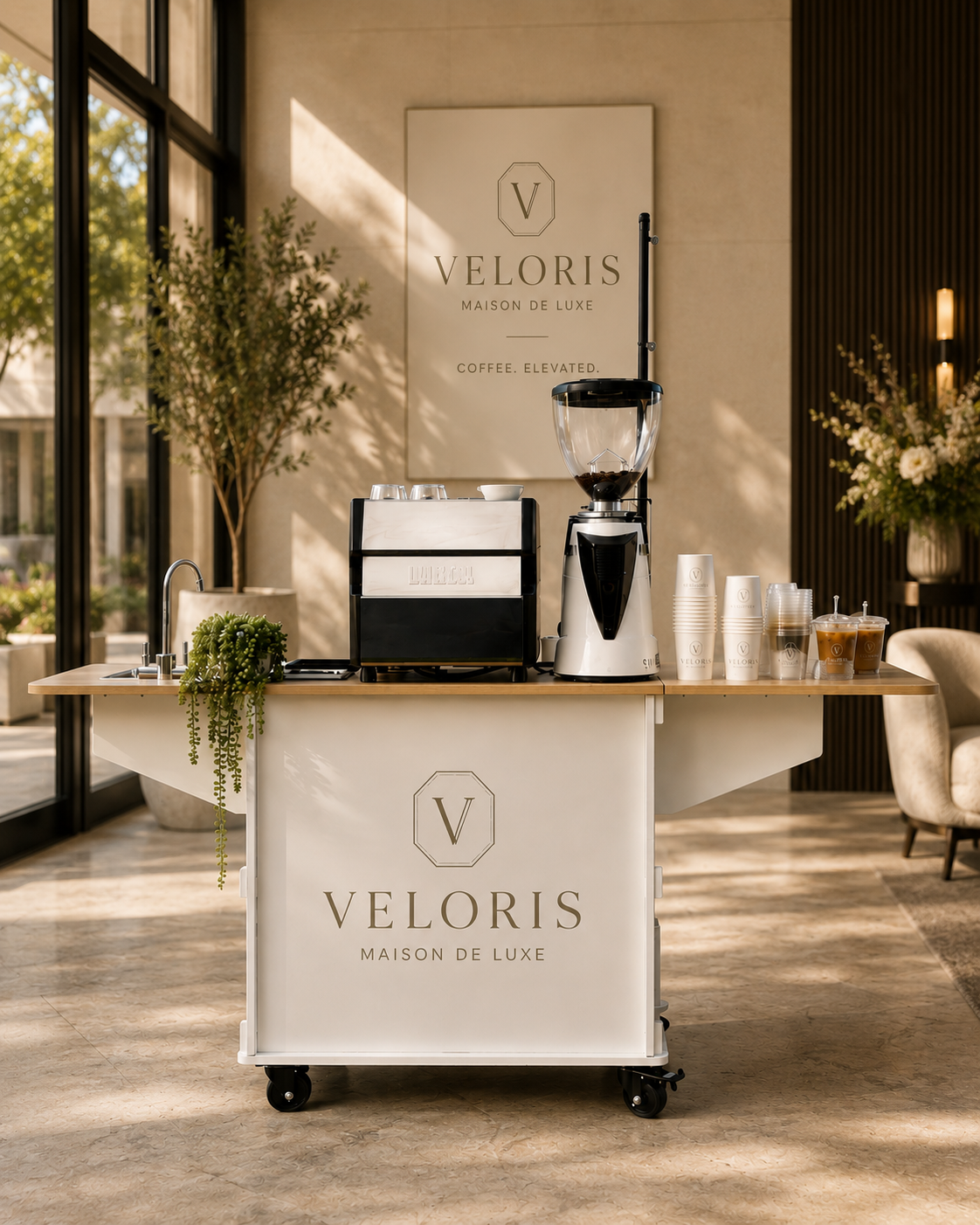 Custom branding on a mobile coffee cart for a luxury retail brand.