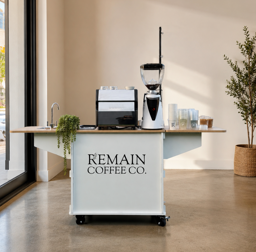 Remain Coffee Co. luxury mobile espresso bar cart available for weddings, corporate events, retail brand activations, and private parties.