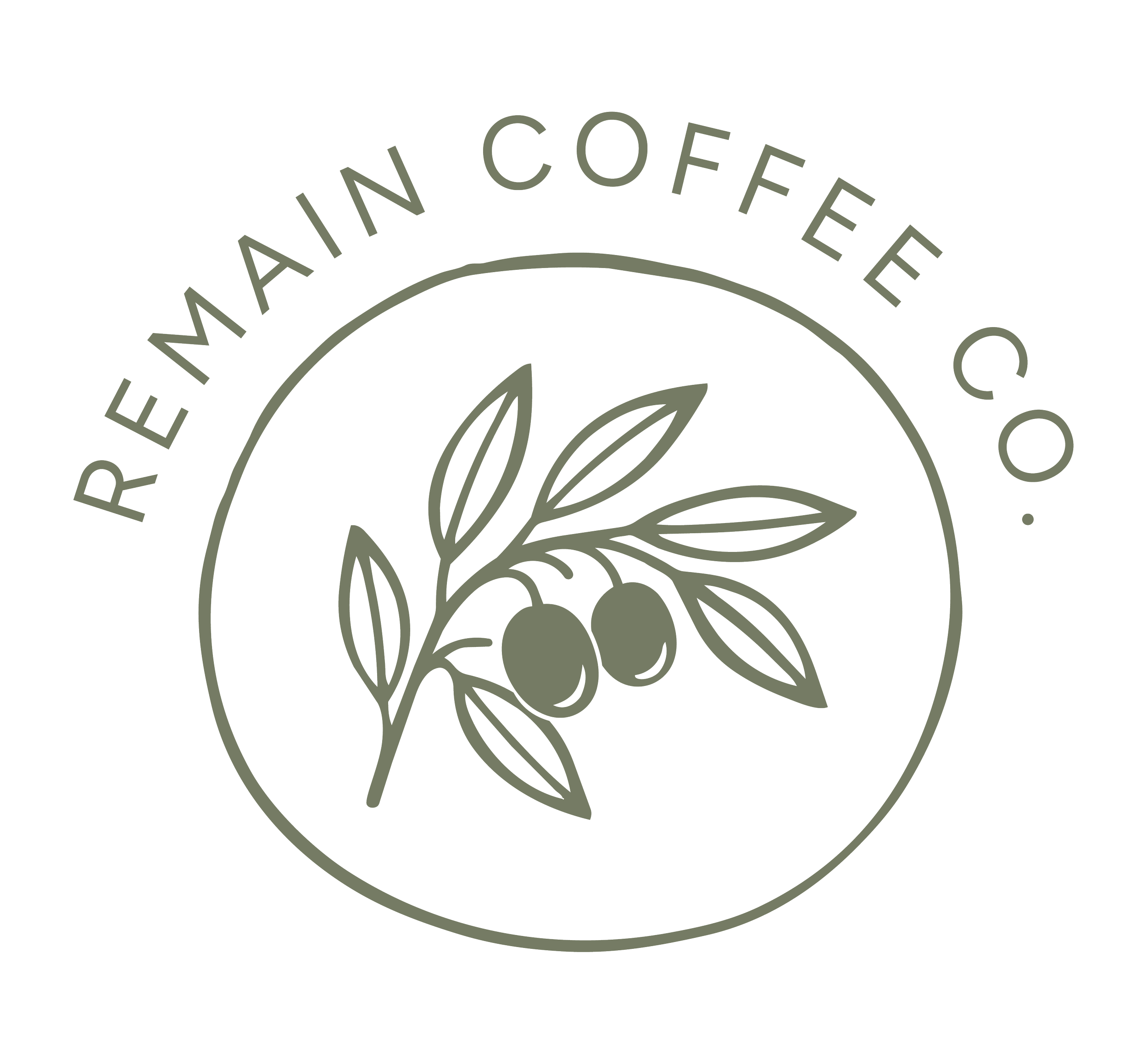 This is the Remain Coffee Co. logo. It is a circular logo with a minimalist design featuring an olive branch with leaves and two small round olives, and text that reads 'REMAIN COFFEE CO' curved around the top of the circle.
