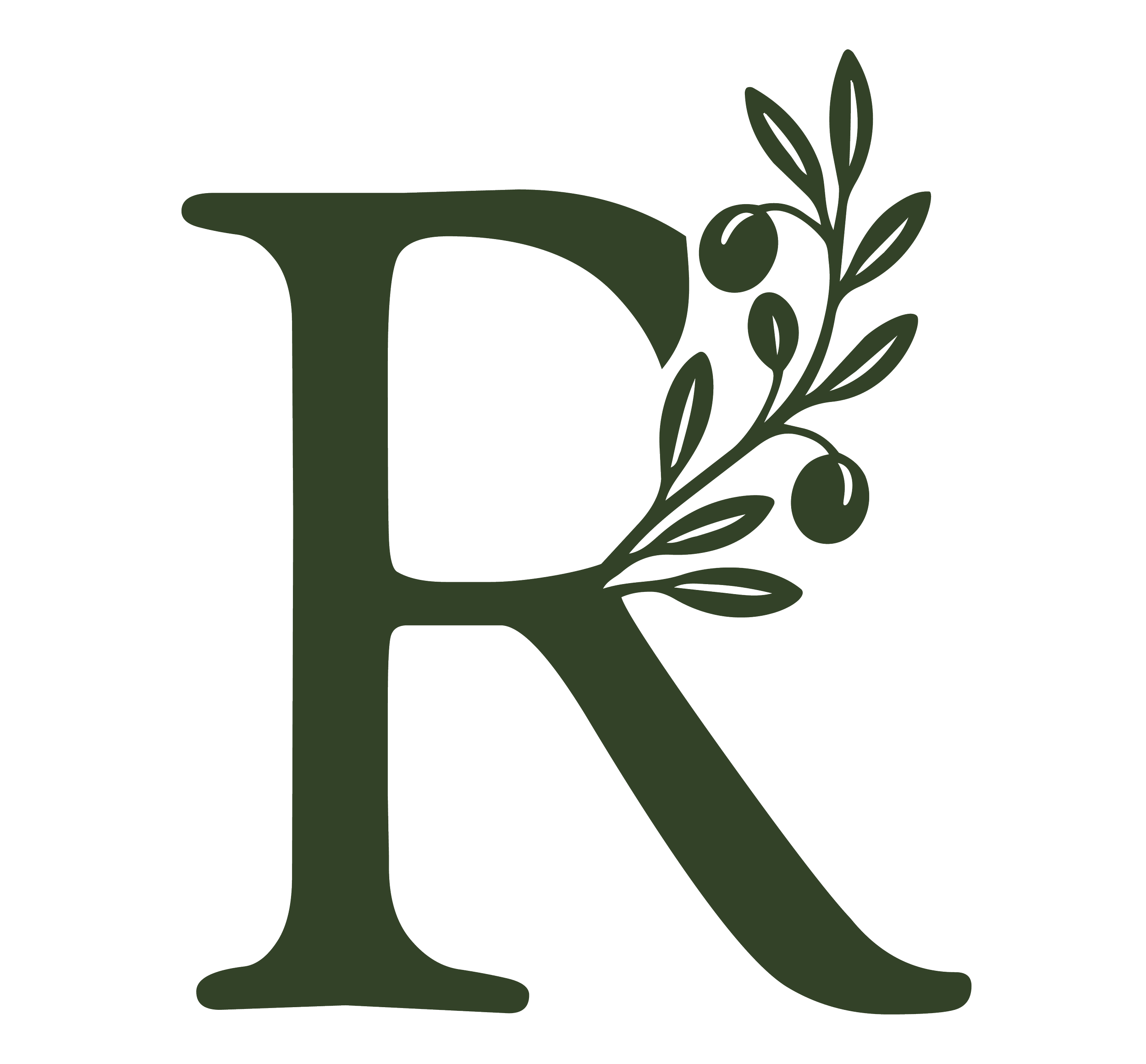 A dark green silhouette of a capital letter 'R' with a decorative leafy branch extending from the upper right side.