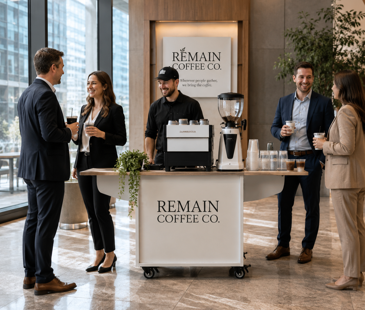 Mobile coffee cart serving business professionals during a corporate event.