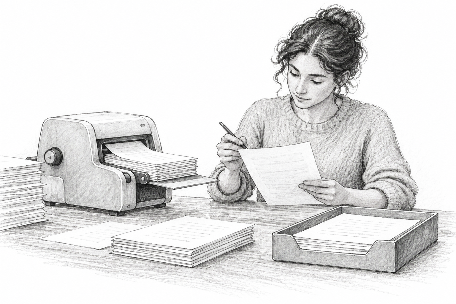 Graphite sketch of a woman reviewing a sheet with a pencil beside a paper-sorting machine, stacks of paper, and a document tray.