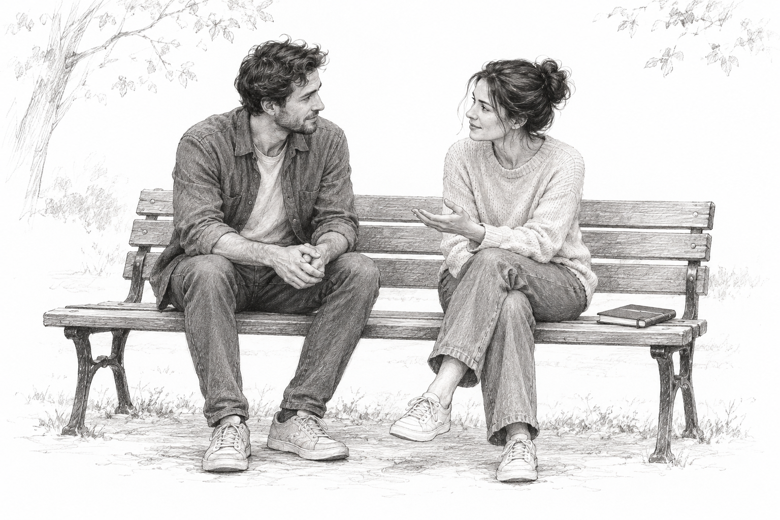 Graphite sketch of two adults talking on a park bench, with a closed notebook beside them.