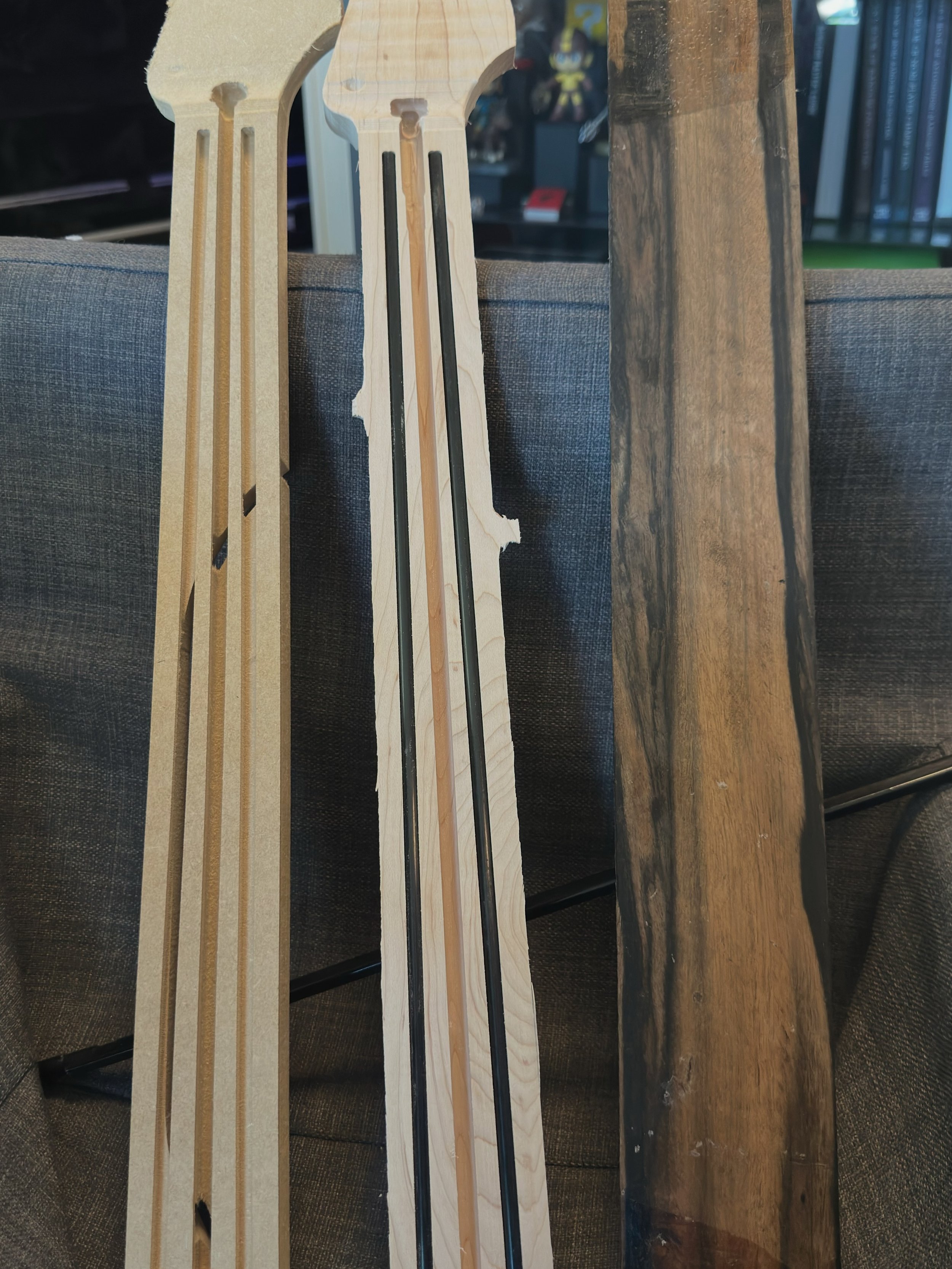 Been a bit since an update.
1. I&rsquo;ve been working with @anesidora_headless_guitars, learning Fusion and CNC. MDF test cut (left), maple neck (middle) - needs some cleanup, and white ebony fretboard blank.
2. 2003 Mexi Strat in for a setup and mi