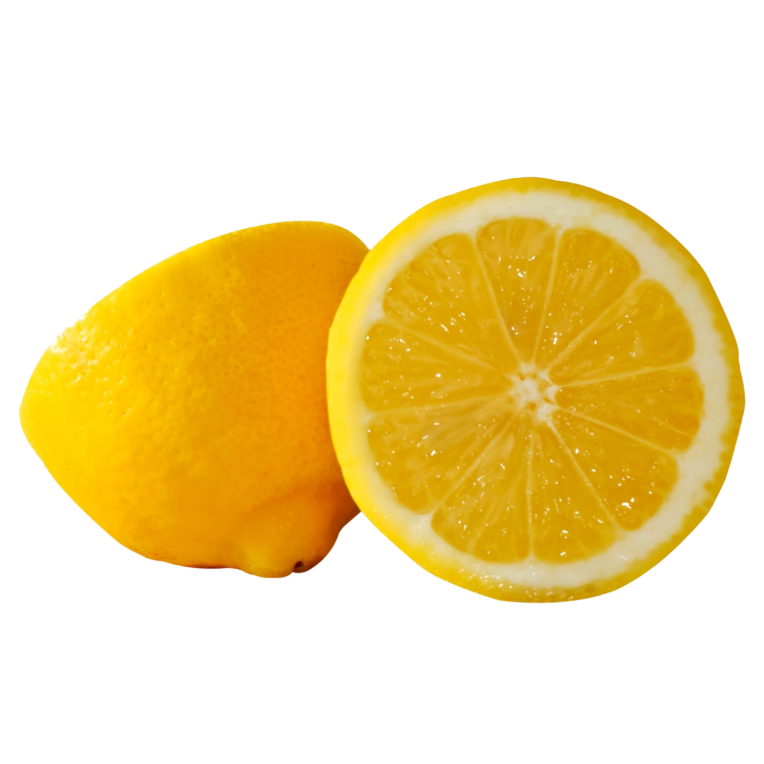 A whole lemon and a lemon half showing the juicy interior.