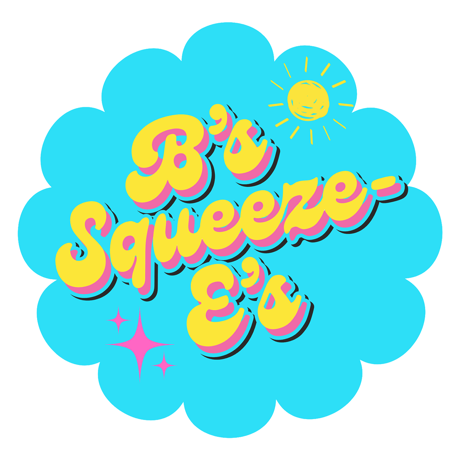 Colorful bubble graphic with pink and yellow stylized text reading 'B's Squeeze-E's' and bright yellow sun and pink stars.