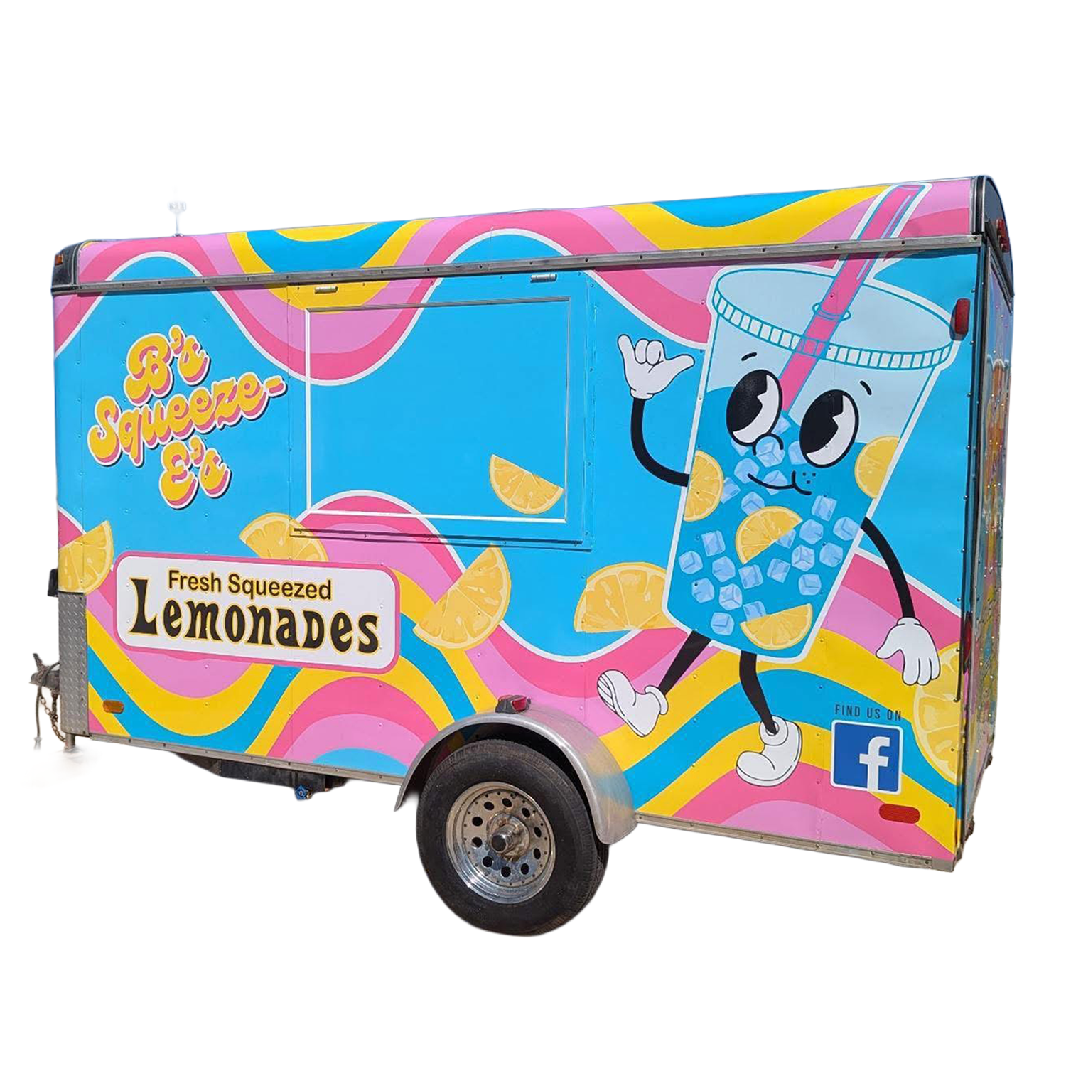A colorful food truck advertising fresh squeezed lemonades, decorated with a cartoon character of a large beverage with a straw, lemon slices, and ice cubes.
