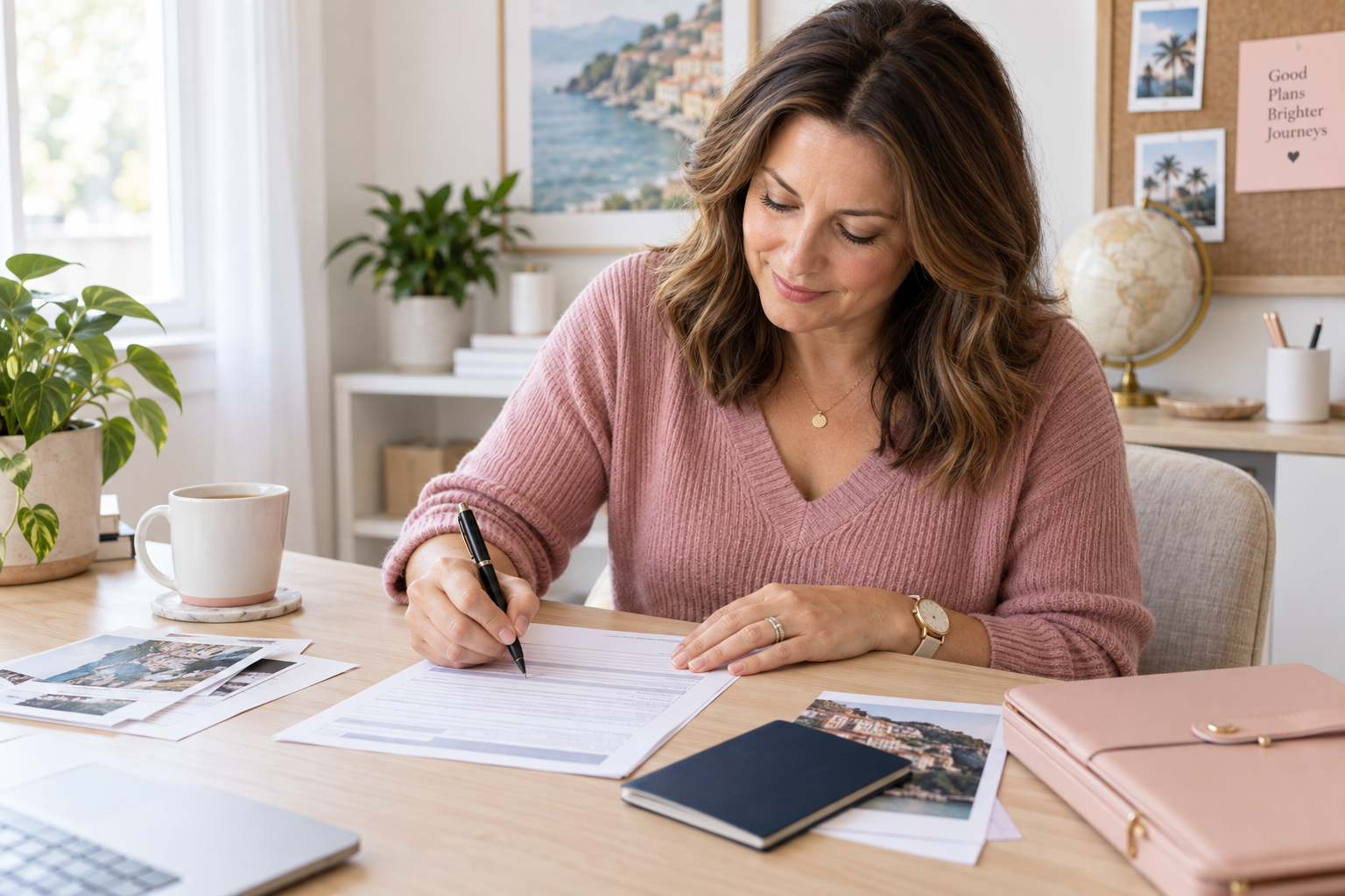 Traveler completing a first-time passport application at a tidy home desk