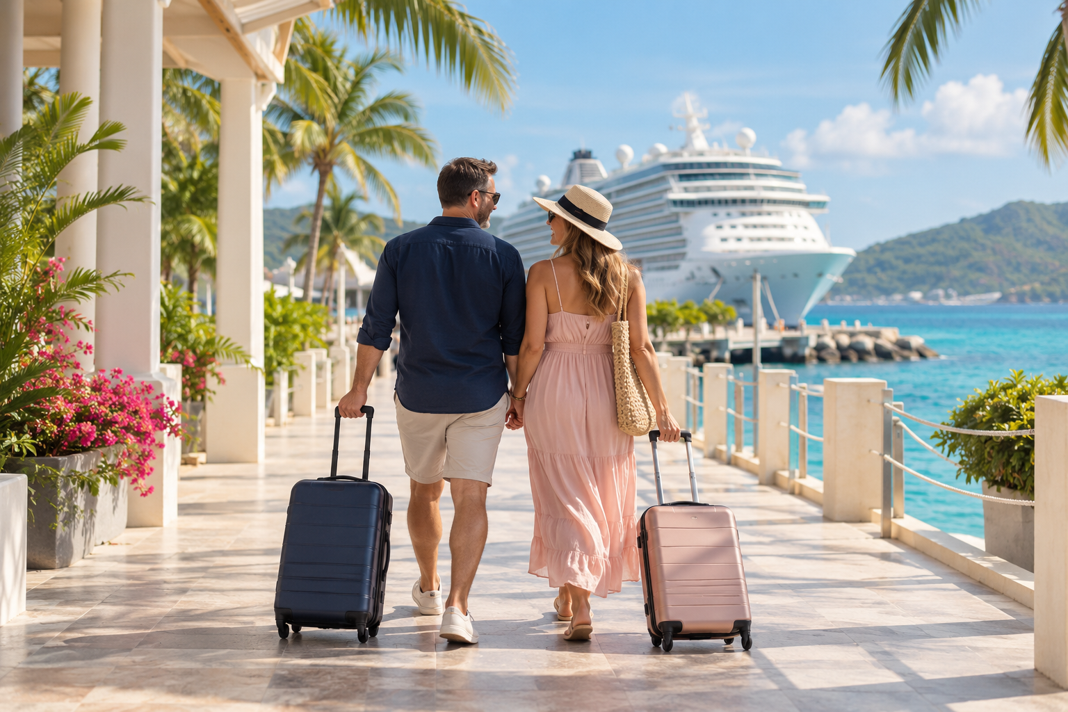 Couple pulling carry-on luggage toward a cruise ship in the Caribbean