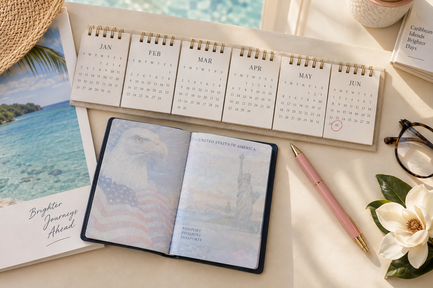 Open United States passport beside six calendar months with a future date marked
