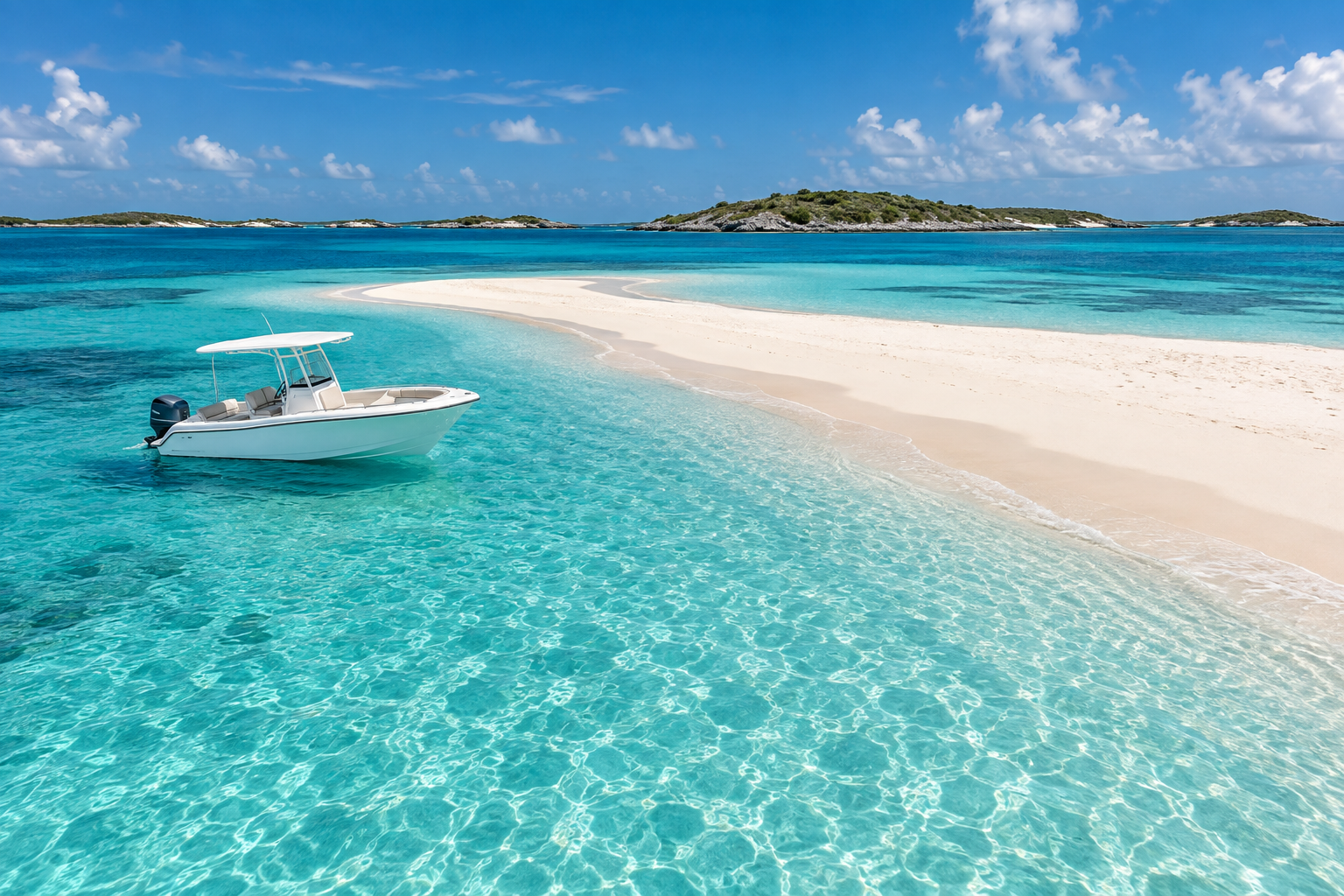 White motorboat beside a sandy bar surrounded by clear turquoise water.