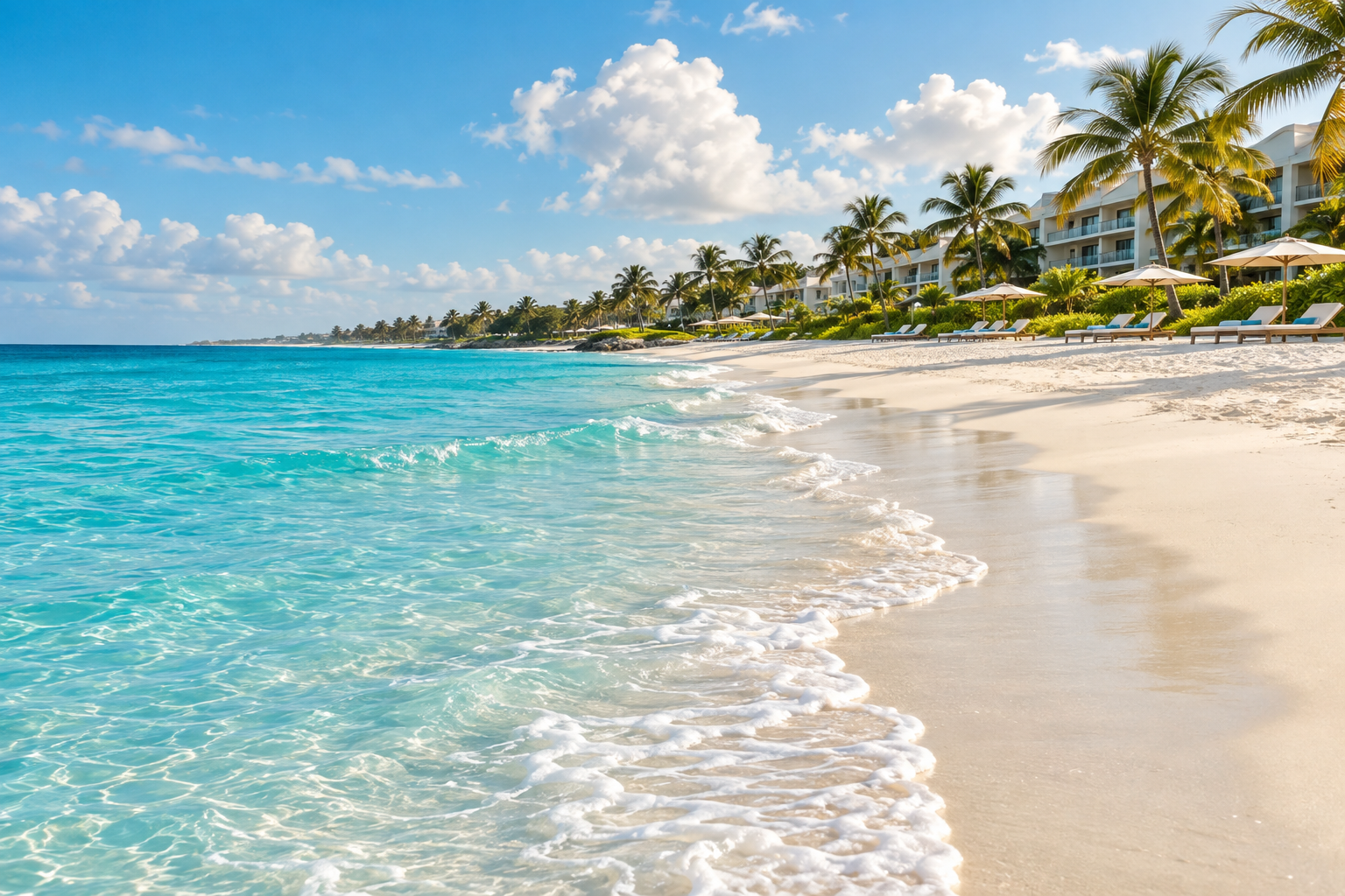 Turquoise water along a white sandy beach with palm trees and beachfront resorts.