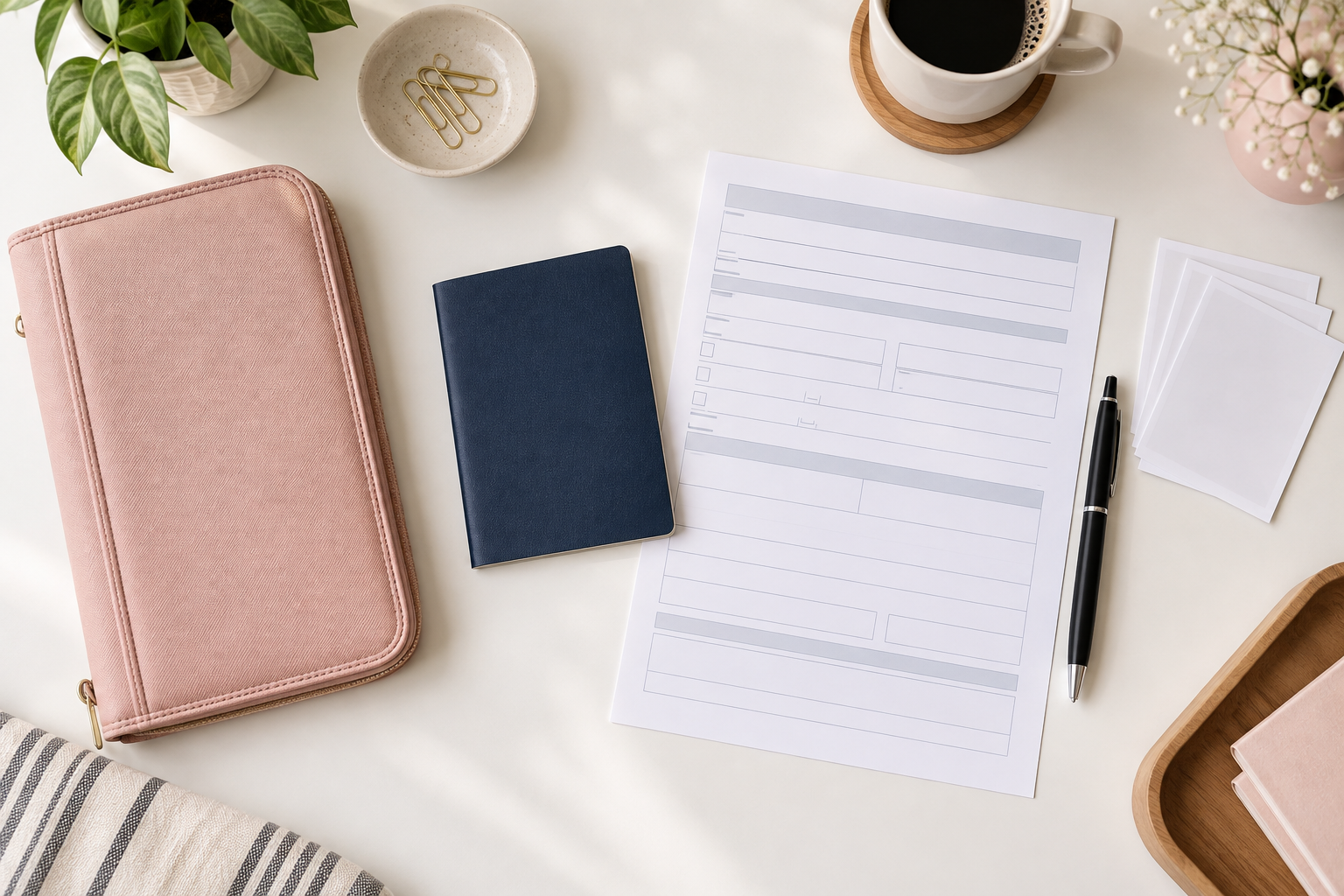 Passport application materials and a blush travel document organizer arranged on a clean desk