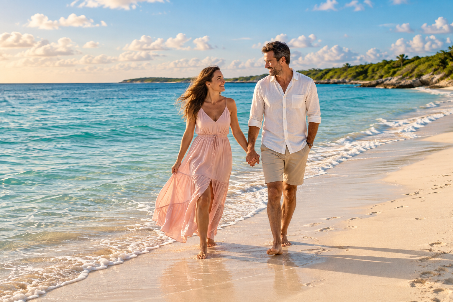 Couple holding hands while walking along a sandy beach beside turquoise water.