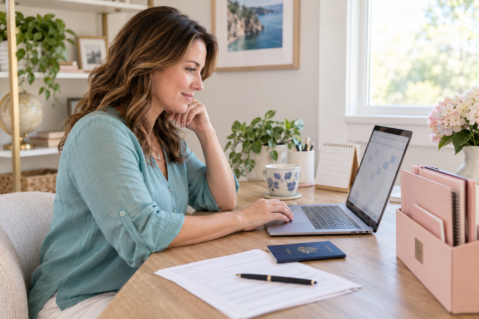 Traveler scheduling a passport acceptance appointment online from her home office