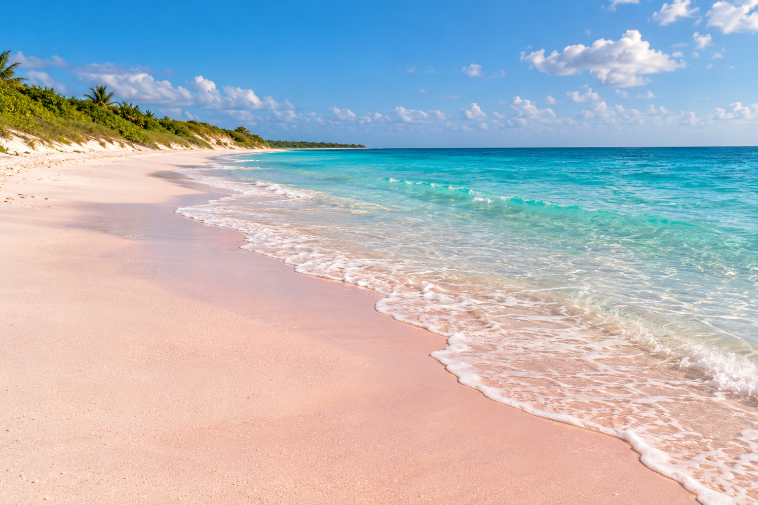 Pale pink sand along a quiet beach with turquoise water and gentle waves.