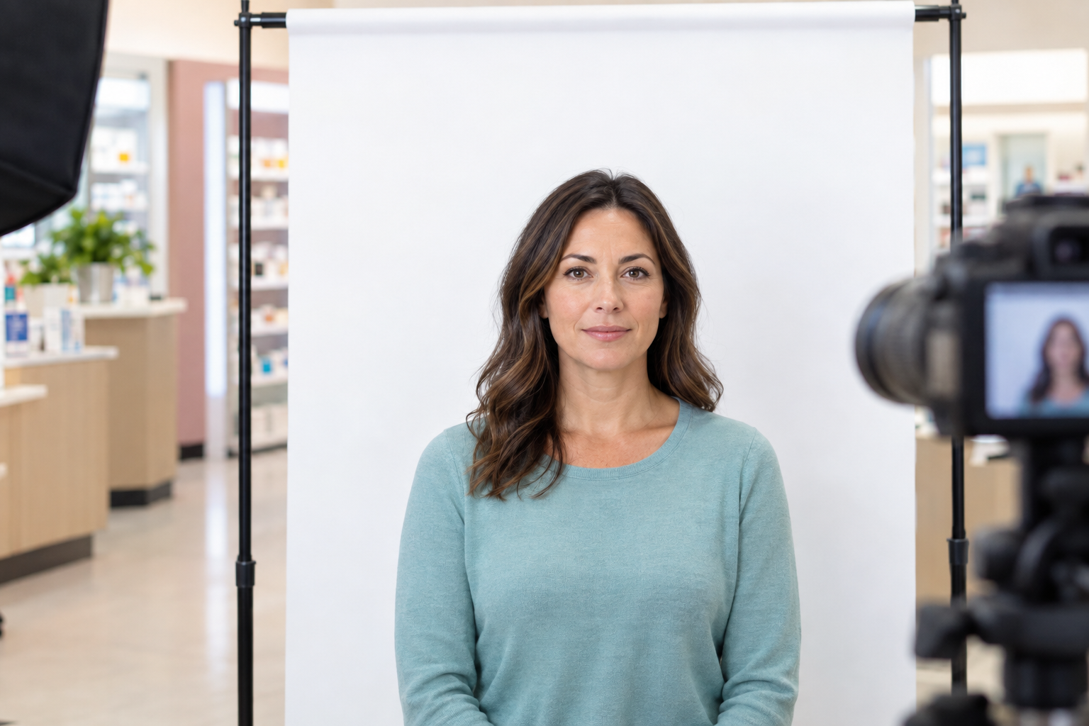 Woman having a passport photo taken against a plain white background