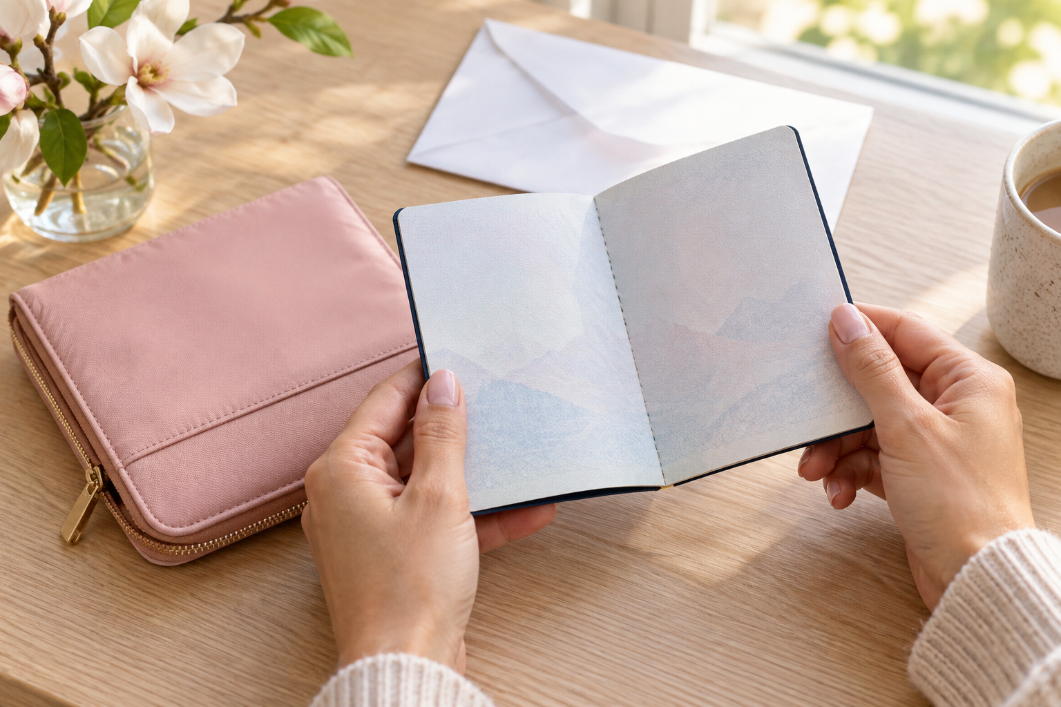 Traveler holding a new passport beside a blush-pink protective travel wallet