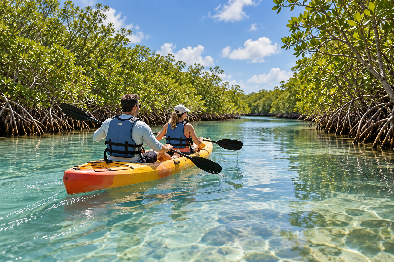 Couple kayaking through clear, calm water surrounded by lush mangroves.