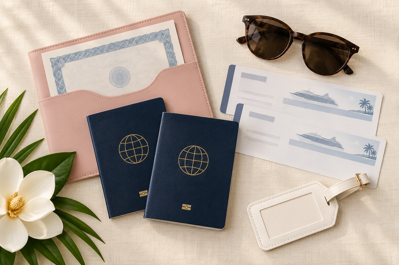 Cruise travel documents arranged beside passports, sunglasses, and a tropical vacation bag