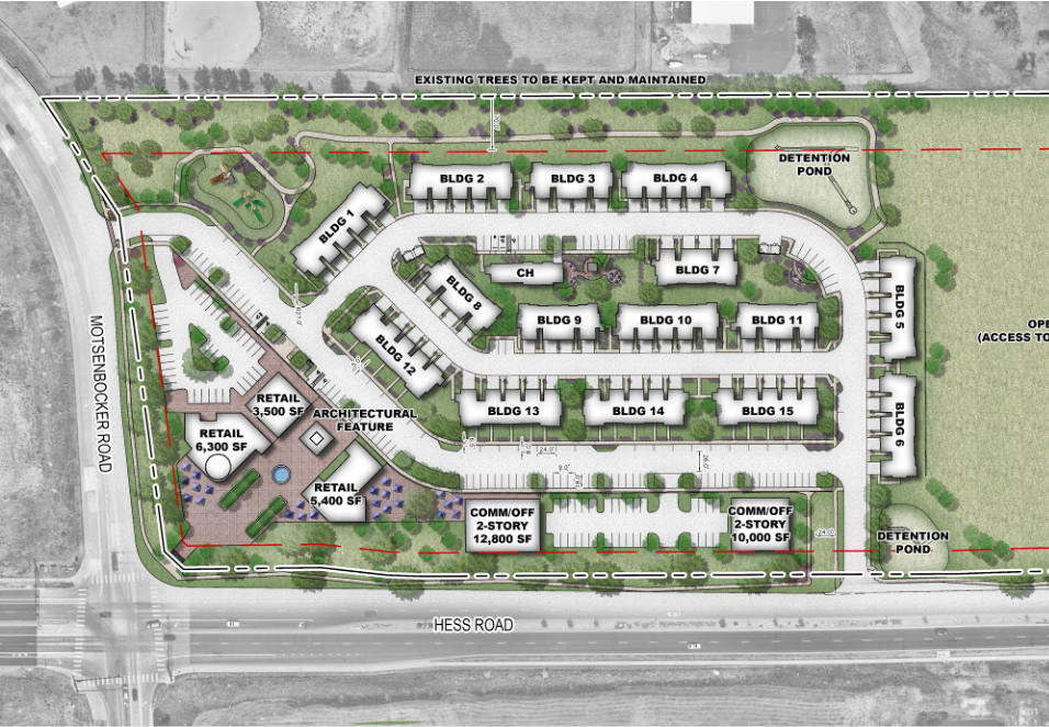 Site plan of a residential complex showing multiple buildings, retail spaces, a detention pond, a playground, parking areas, and surrounding roads.