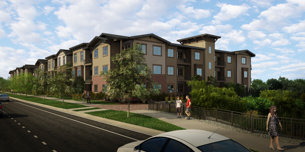 A multi-story residential apartment complex with a landscaped sidewalk, trees, and people walking along the path.