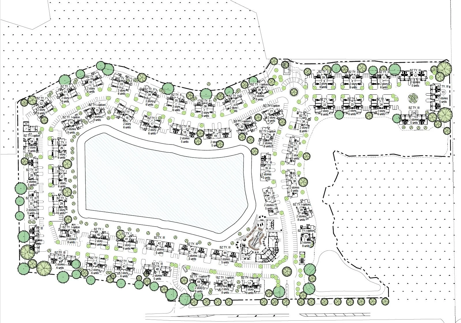 A detailed architectural site plan of a residential complex featuring multiple buildings, swimming pool, parking areas, surrounding trees, and landscaped areas.