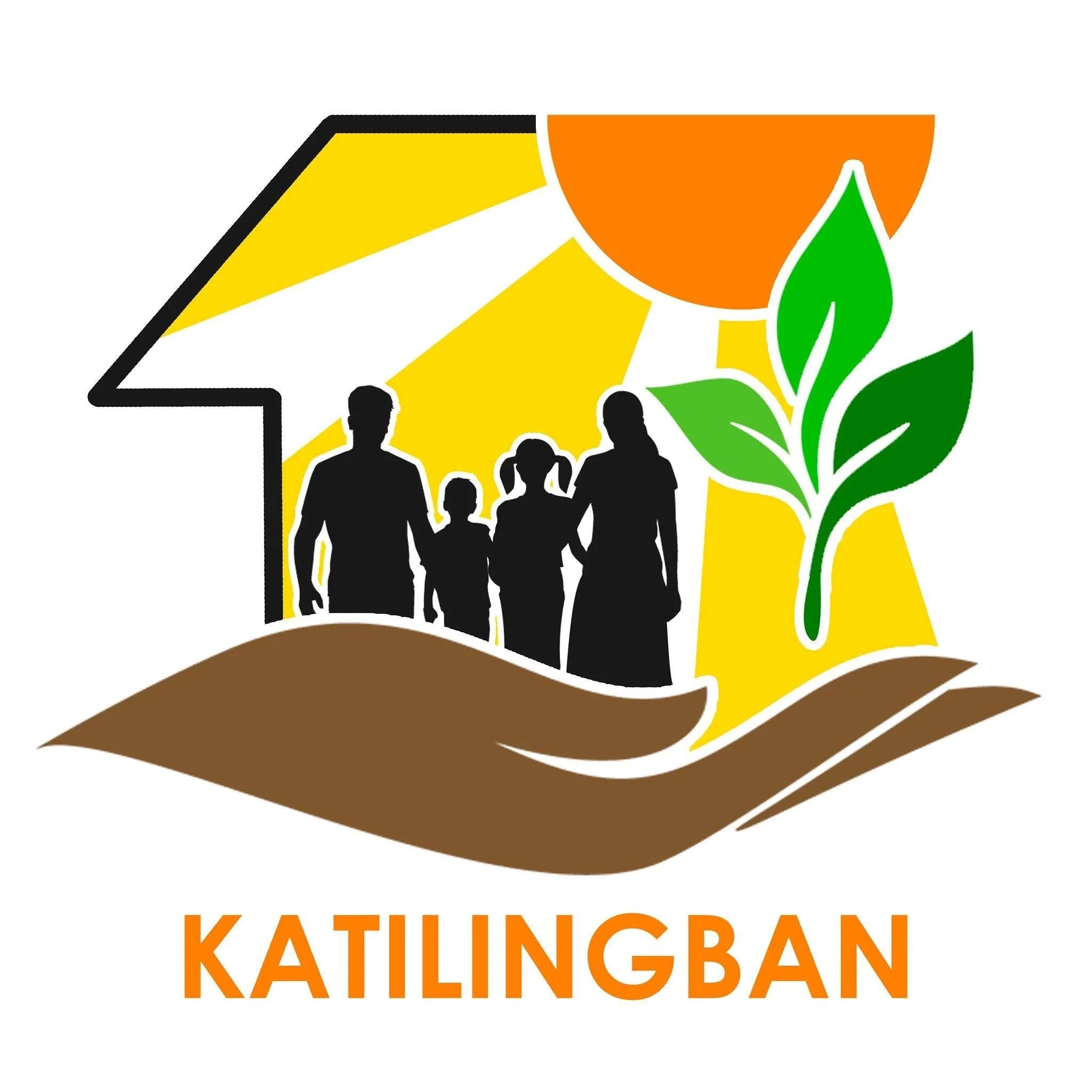 Stylized logo of a house with silhouettes of people, a large orange sun, and a green plant, with orange text reading 'KATILINGBAN' underneath.