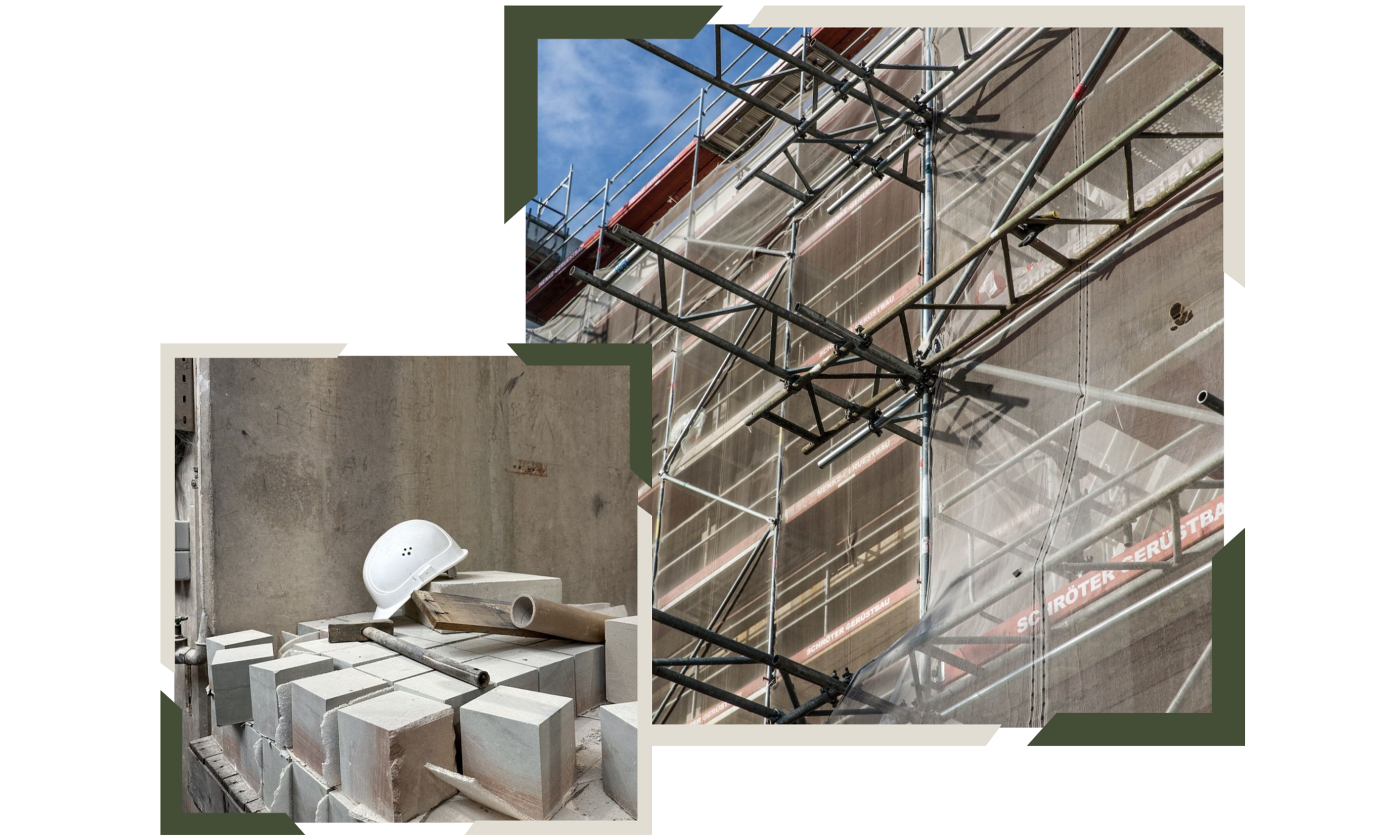 Construction site with scaffolding, building materials including white bricks, a construction helmet, and pipes against a concrete wall.