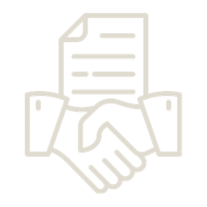 Icon of two hands shaking in front of a document, symbolizing agreement or partnership.