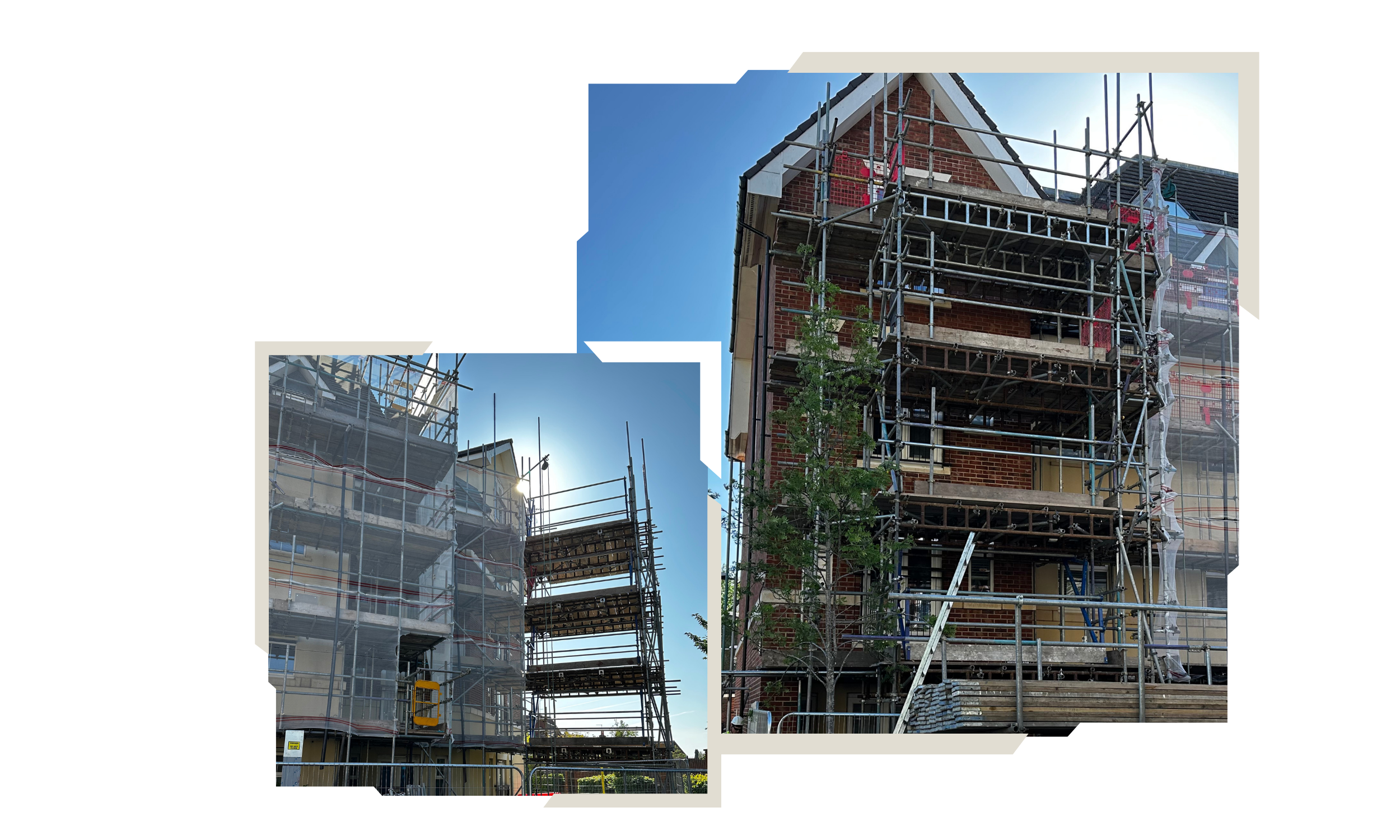 Scaffolding surrounds a house under construction with red brick walls, under a clear blue sky.