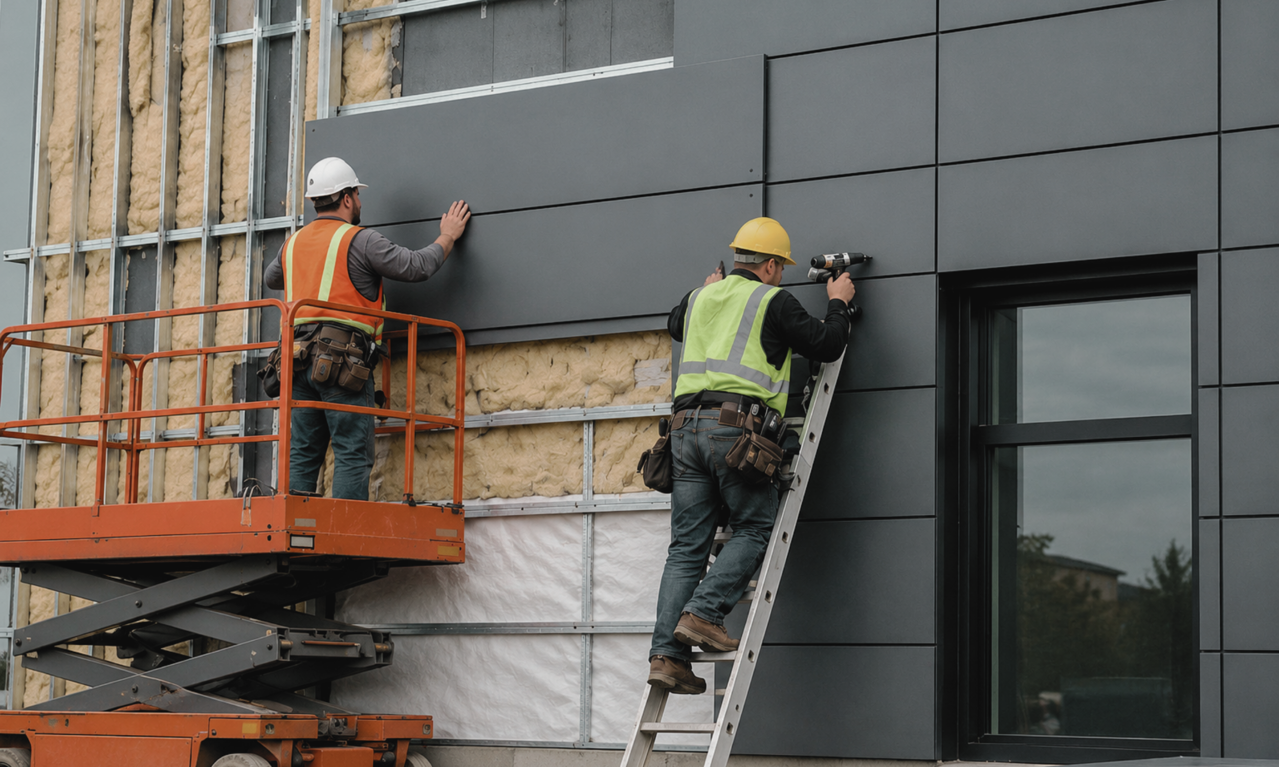 Two construction workers wearing safety helmets and vests install black exterior panels on a building under construction, with insulation material visible behind the panels.