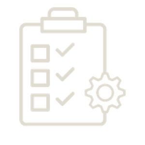 Checklist on a clipboard with three items and checkmarks, and a gear icon.